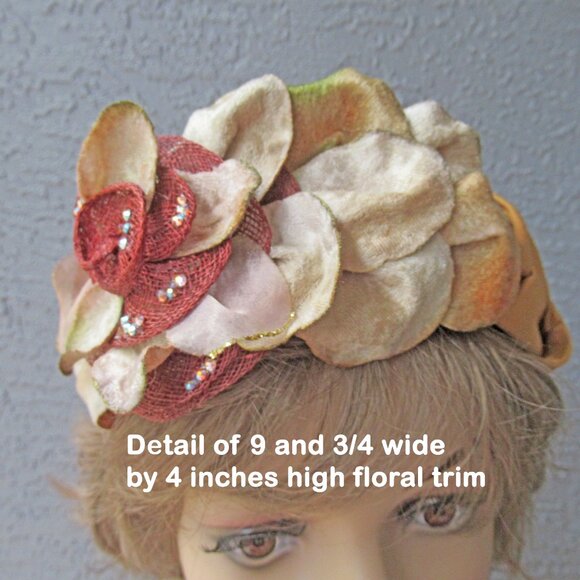 Handmade headband with raffia flower, floral petals & rhinestones, Beige & brown - Picture 7 of 13